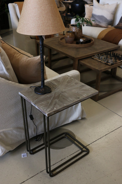 Coastal L Shape Sofa Table with Reclaimed Pine Parquet Top White Wash