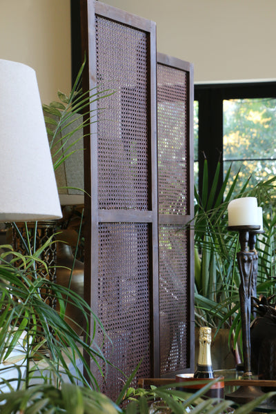 Folding Wooden Screen with Rattan Panels