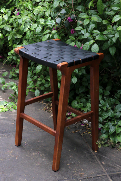 Memphis Stool with Woven Leather Seat in Elm