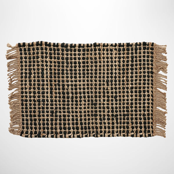Waffle Weave Black & Natural Jute Doormat with Fringe