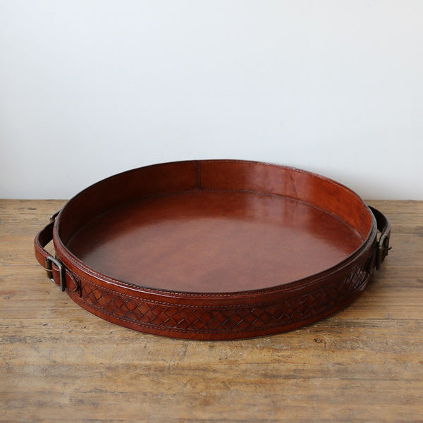 Round Leather Tray with Plaited Side and Buckle Handles