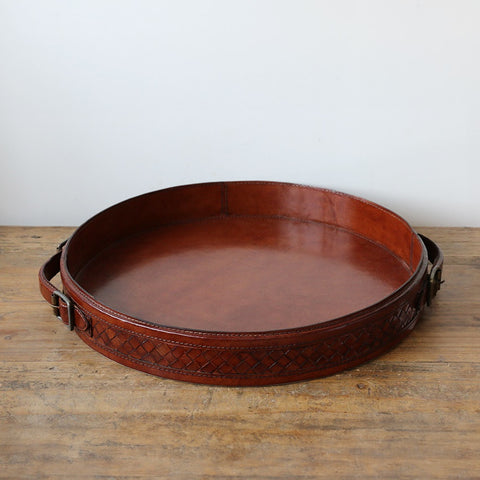 Round Leather Tray with Plaited Side and Buckle Handles
