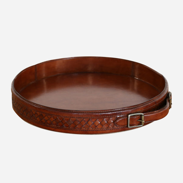 Round Leather Tray with Plaited Side and Buckle Handles