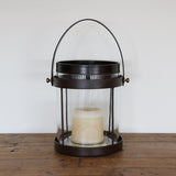 Leather and Glass Hurricane in Walnut Finish with Metal Surround