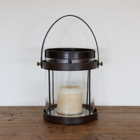 Leather and Glass Hurricane in Walnut Finish with Metal Surround