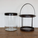 Leather and Glass Hurricane in Walnut Finish with Metal Surround