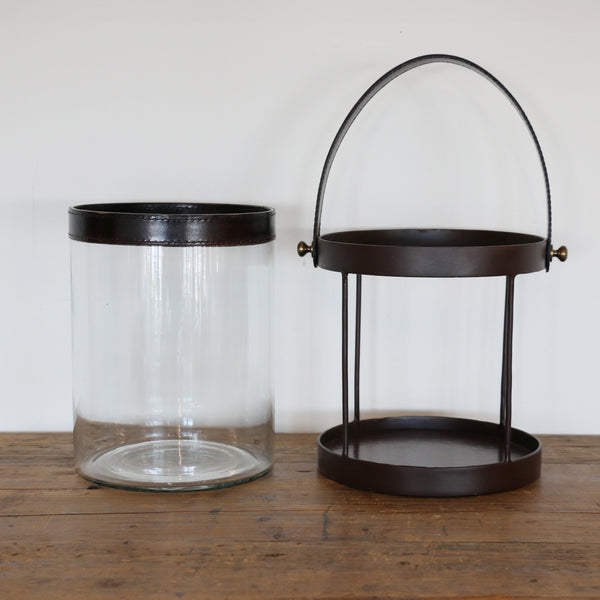 Leather and Glass Hurricane in Walnut Finish with Metal Surround