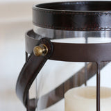 Leather and Glass Hurricane in Walnut Finish with Metal Surround