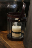 Leather and Glass Hurricane in Walnut Finish with Metal Surround