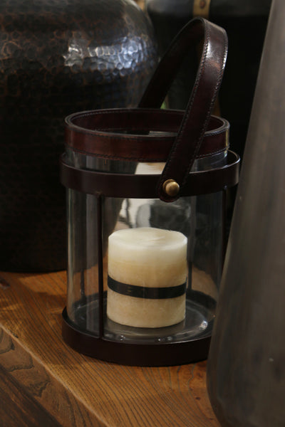 Leather and Glass Hurricane in Walnut Finish with Metal Surround