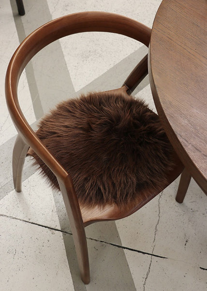 Long Wool Sheepskin Natural Round Cushion Pad - Leather Brown