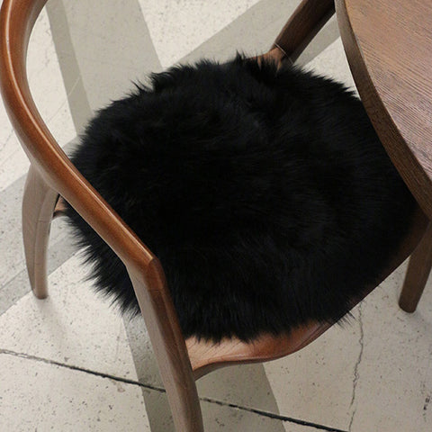 Long Wool Sheepskin Round Cushion Pad - Black