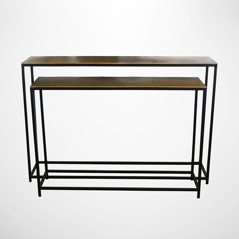 New York Nest of 2 Consoles with Antique Brass Tops & Black Metal Legs