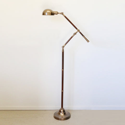 Antiqued Brass Adjustable Floor Lamp with Wooden Detail