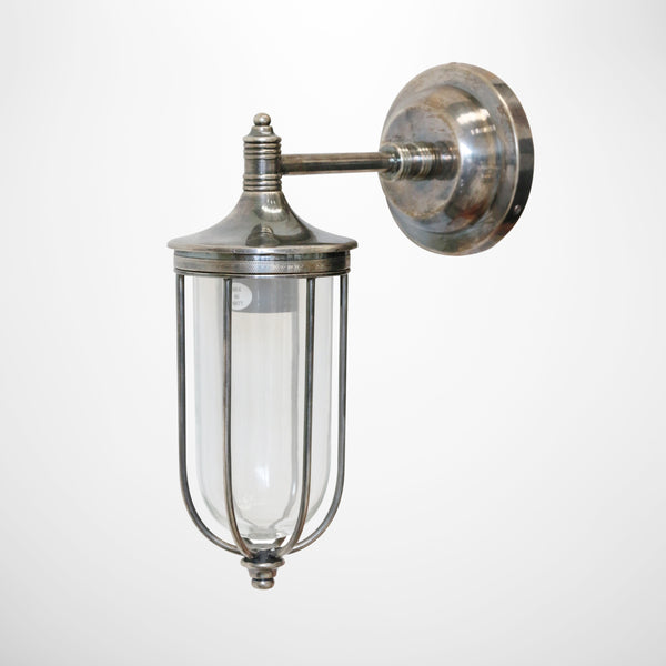 Outdoor Narrow Cage Wall Light in Brass with Pewter Finish