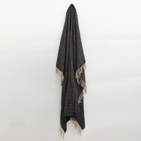 Wool Herringbone Throw in Vintage Black and Beige