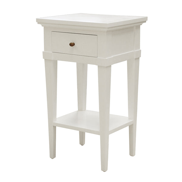 Petite White Bedside with Drawer and Shelf in Solid Mahogany