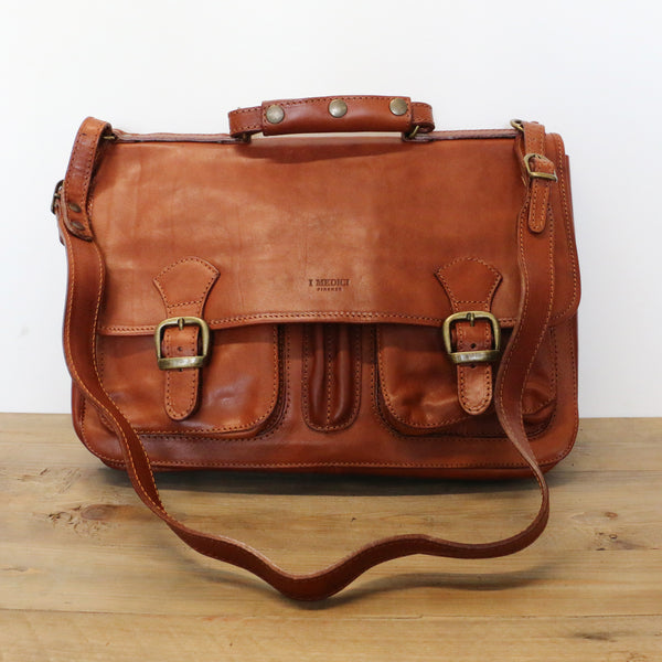 Buckle Front Leather Satchel in Tan