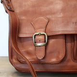 Buckle Front Leather Satchel in Tan
