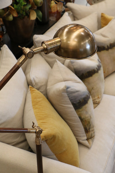 Antiqued Brass Adjustable Floor Lamp with Wooden Detail