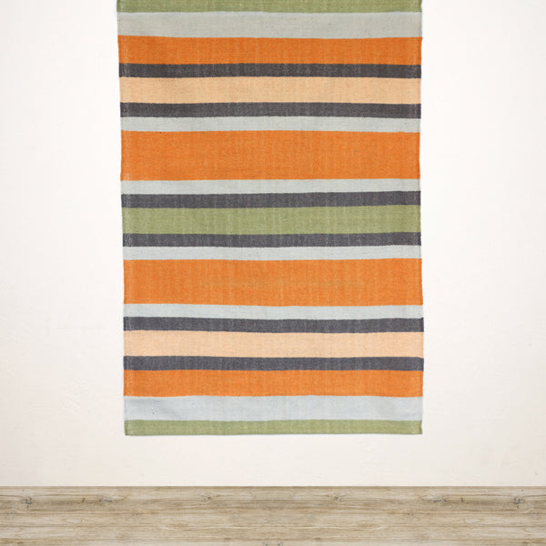 Multi Stripe Cotton & Jute Rug in Green, Orange and Blue
