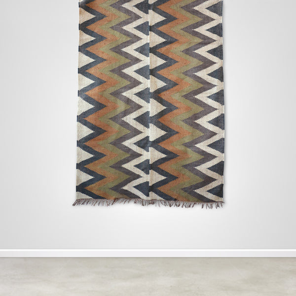 Organic Aztec Pattern Kilim Rug in Olive and Mustard