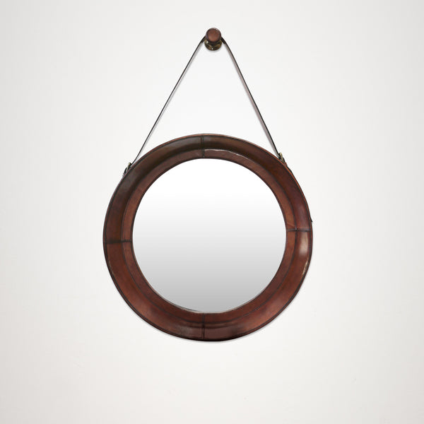 Medium Round Tan Leather Wall Hanging Mirror