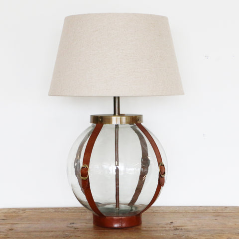 Eaton Glass Ball Lamp with Tan Leather Straps and Brass Buckles
