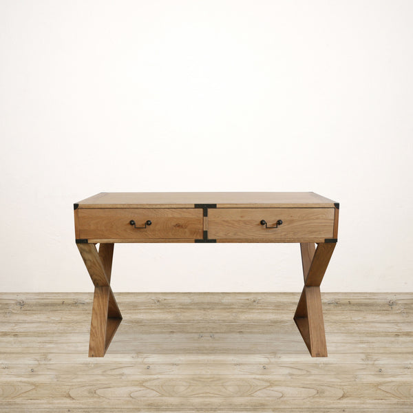 Campaign Two Drawer Oak Desk With Cross Legs