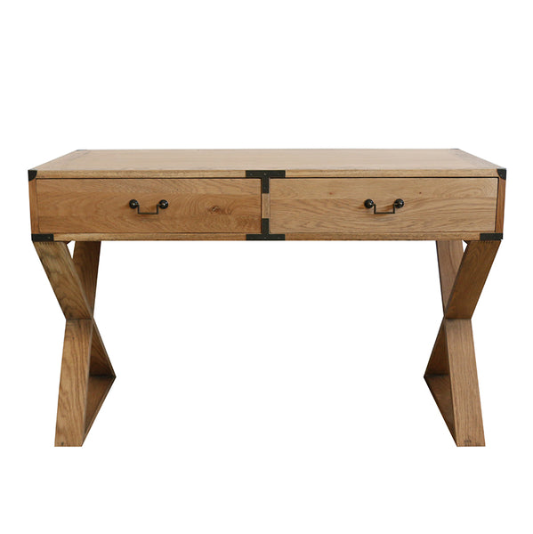 Campaign Two Drawer Oak Desk With Cross Legs