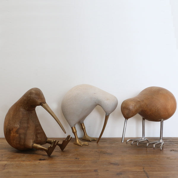 Wooden Whitewashed Kiwi with Brass Legs and Beak