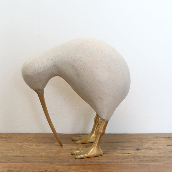 Wooden Whitewashed Kiwi with Brass Legs and Beak