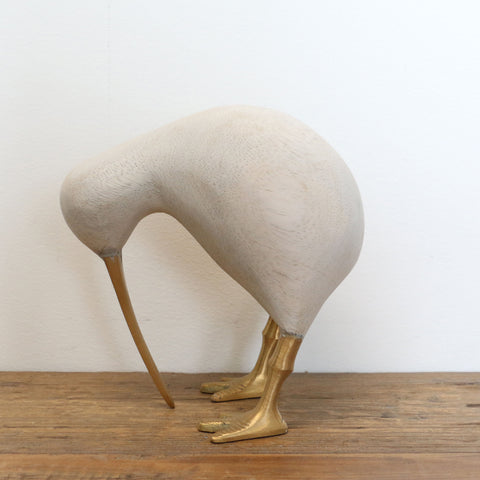 Wooden Whitewashed Kiwi with Brass Legs and Beak