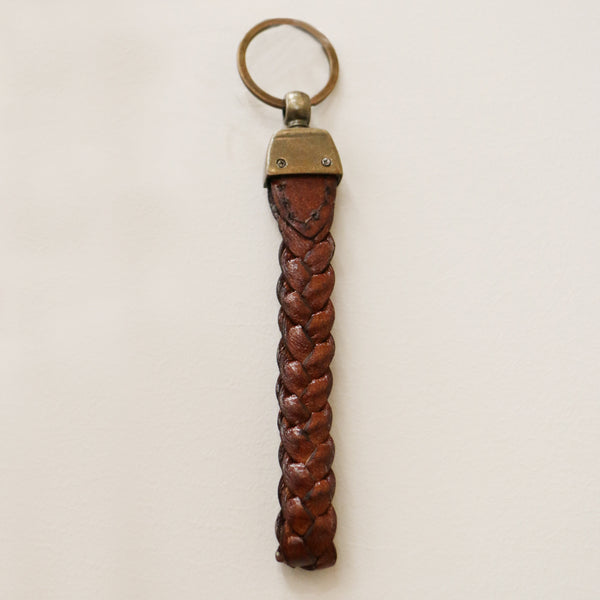 Braided Leather Key Ring in Tan